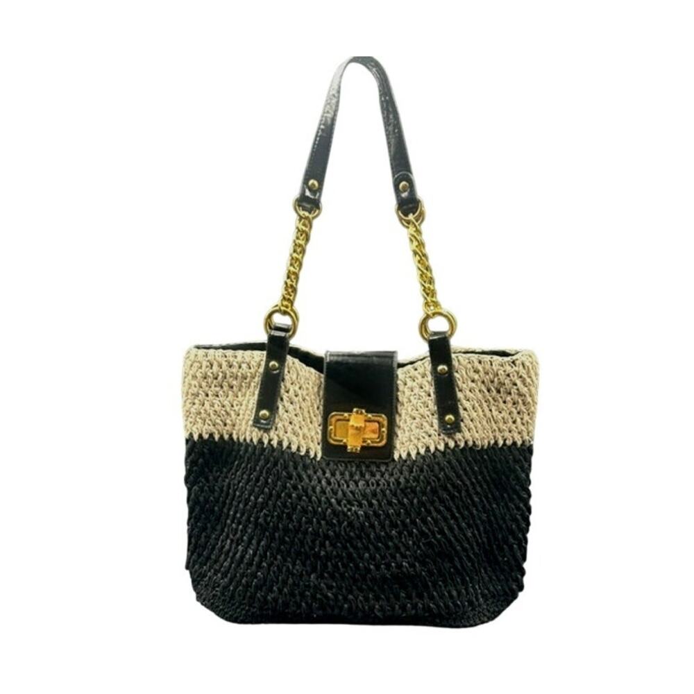 Pritzi Woven Raffia Tote Black Natural Straw Handbag Gold Chain Shoulder Bag